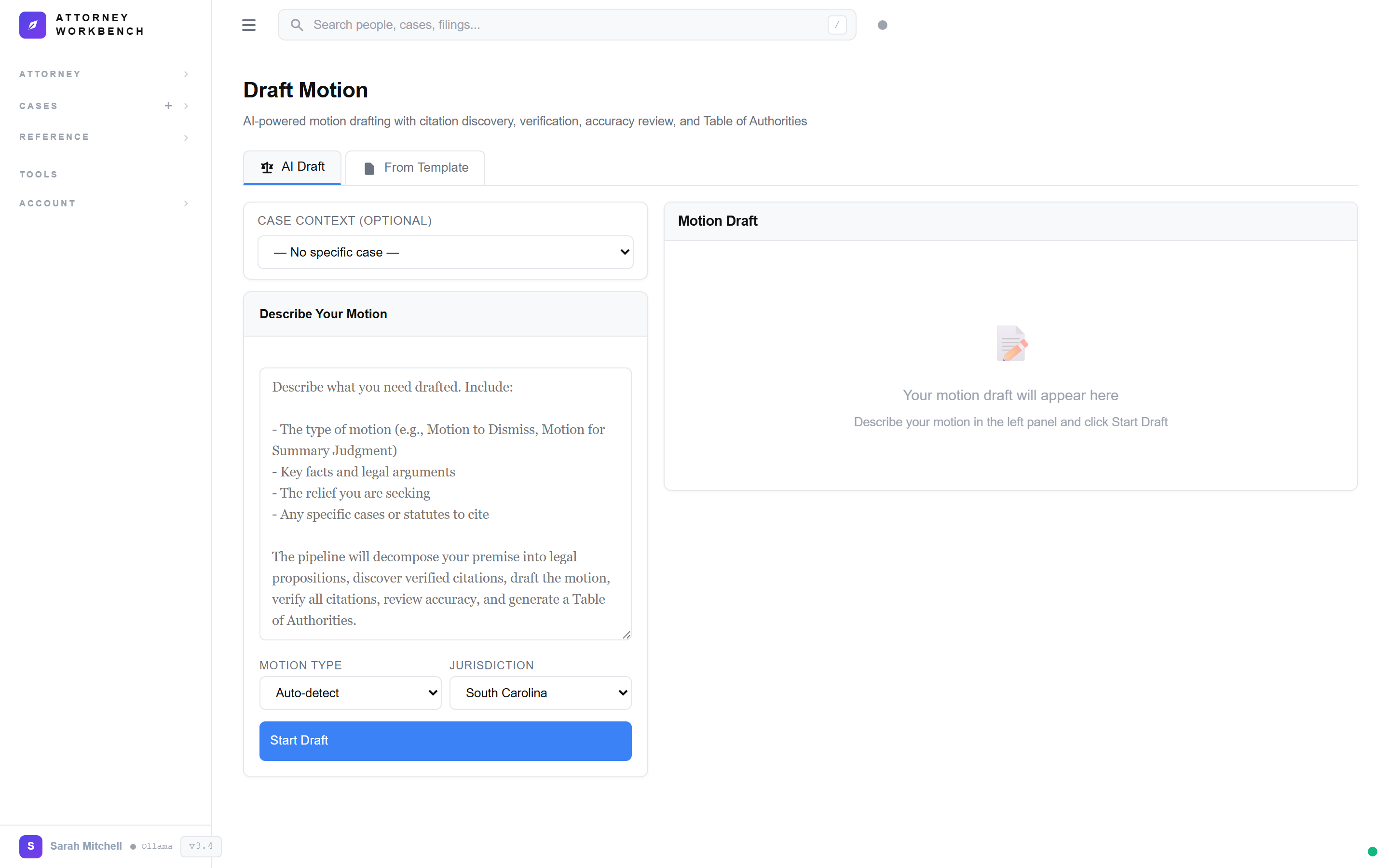 AI-powered motion drafting workspace with two-panel layout and citation verification pipeline