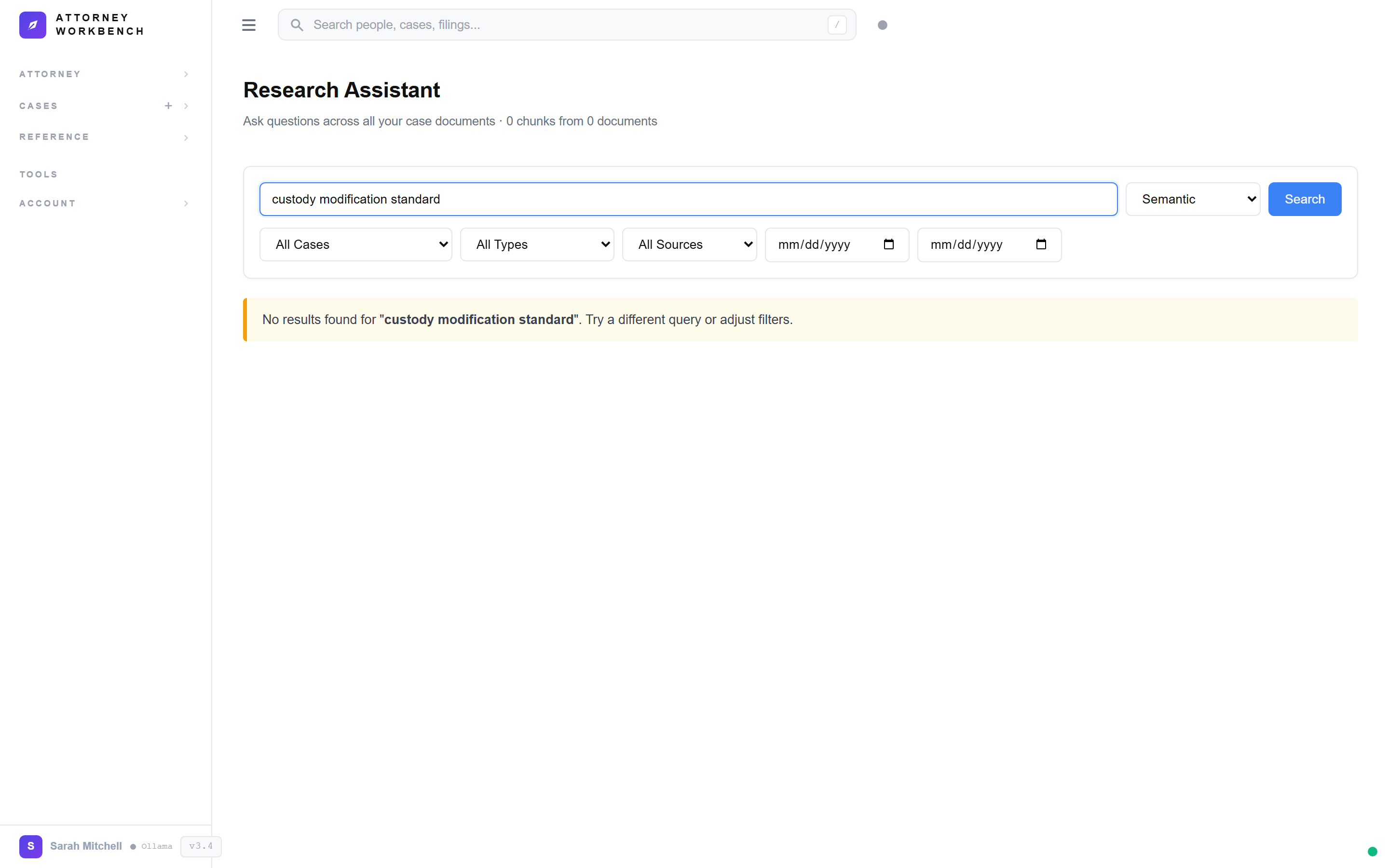 RAG-powered search results showing relevant passages from case documents with confidence scores and source references