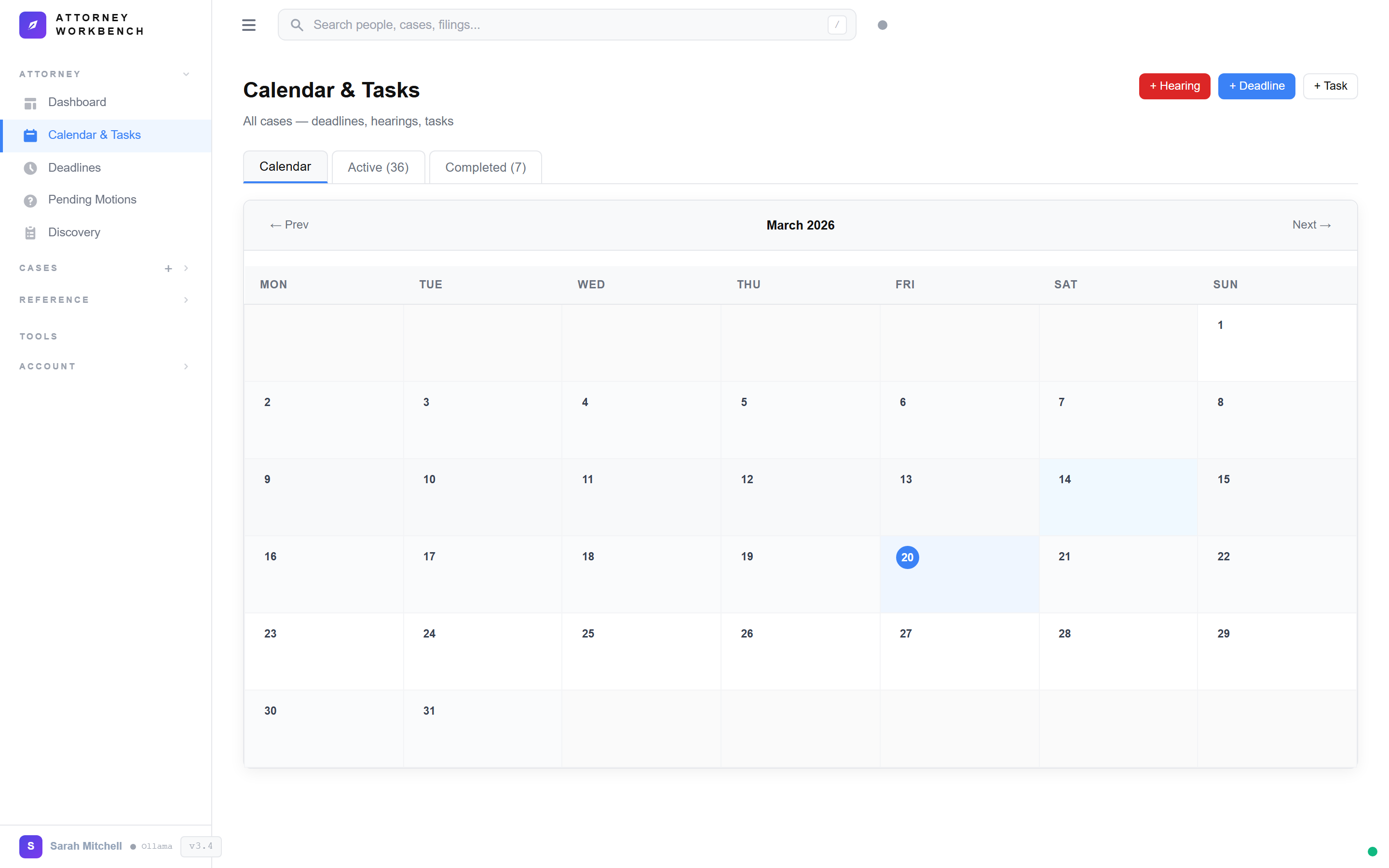 Legal calendar showing court dates, deadlines, and tasks across all cases with color-coded categories