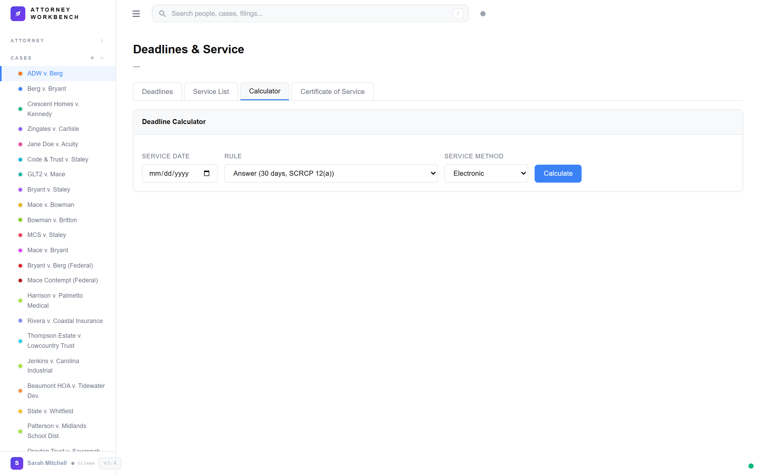 SCRCP deadline calculator tool computing response deadlines with rule references, holiday exclusions, and service method adjustments