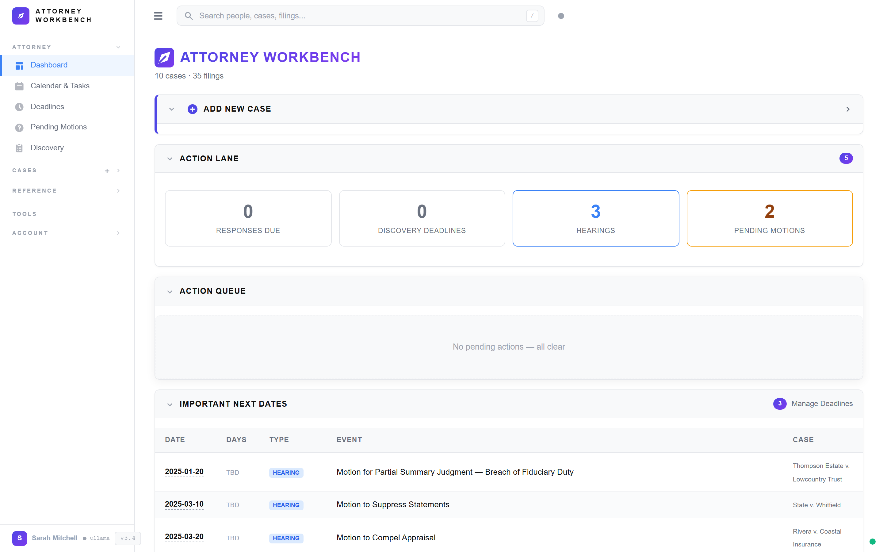 New case creation modal with court selection, case number entry, and automatic party import from court records