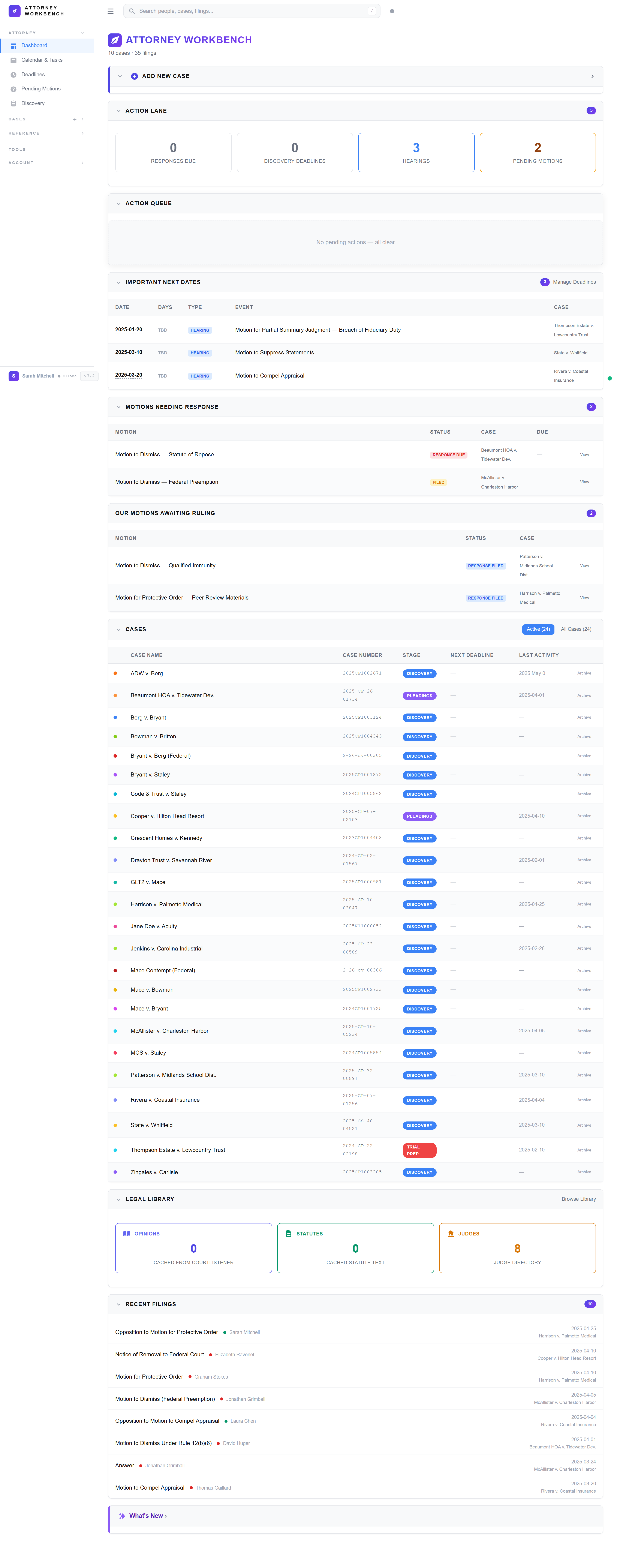 Attorney Workbench case management dashboard showing active litigation cases with status tracking and deadline alerts
