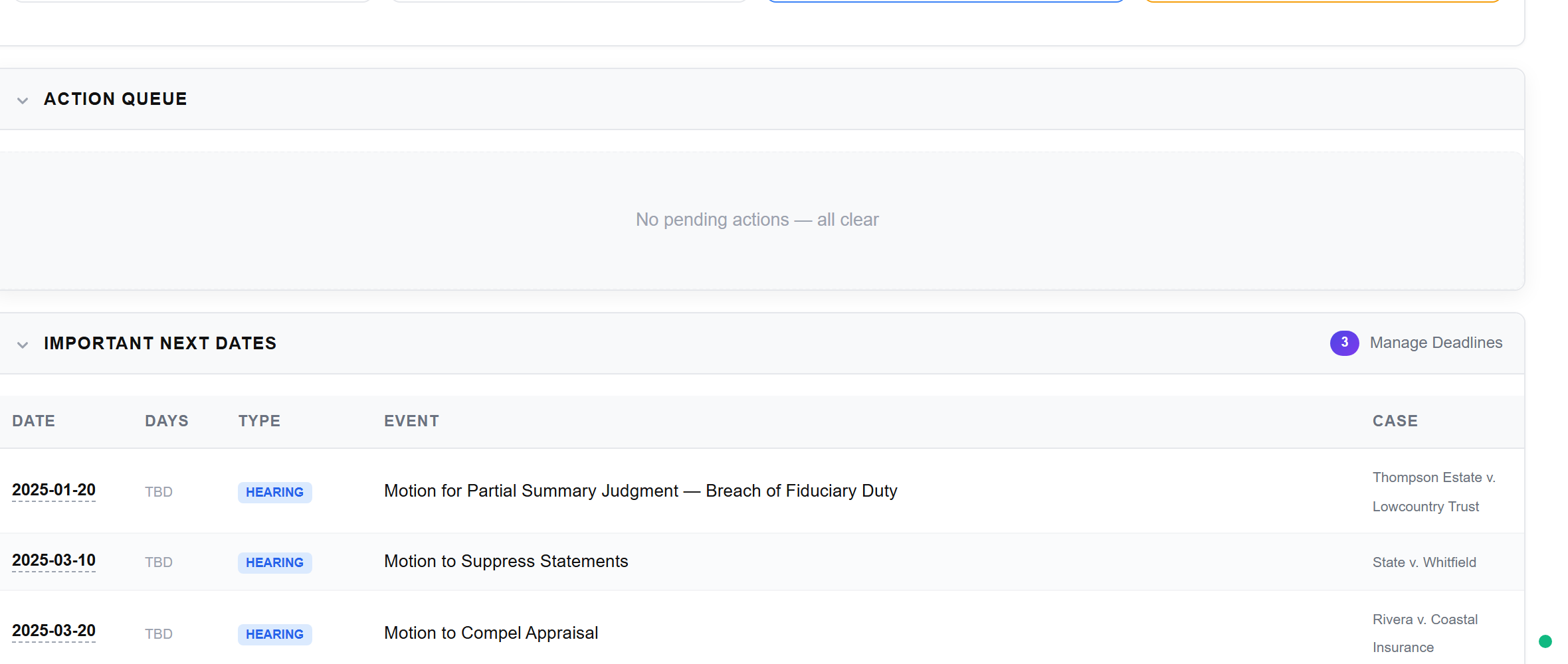 Attorney Workbench real-time court monitoring compared to Clio which has no built-in court monitoring