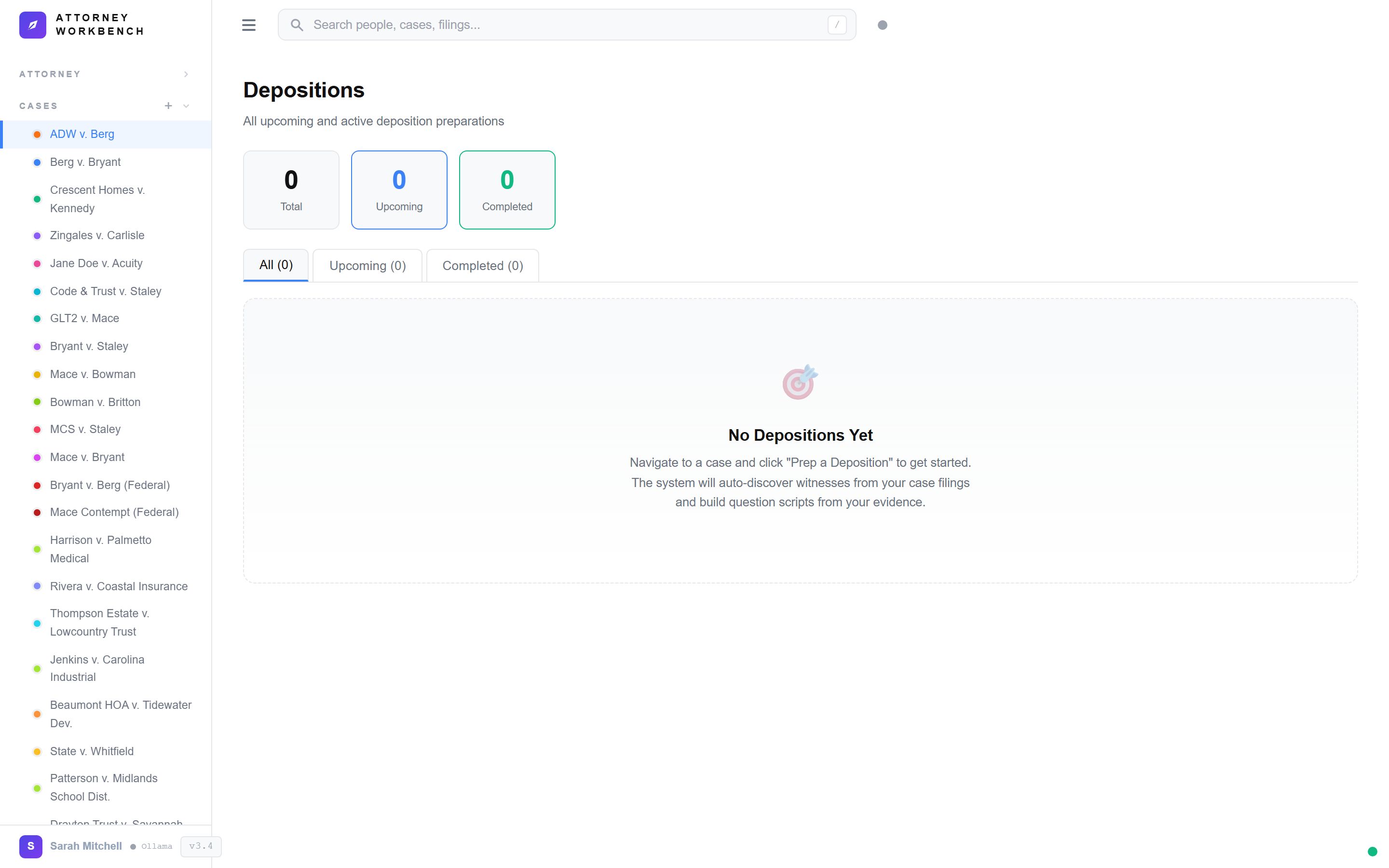 Seven-phase deposition preparation system showing witness research, question blocks with NITA funnel methodology, and live tracking for South Carolina depositions