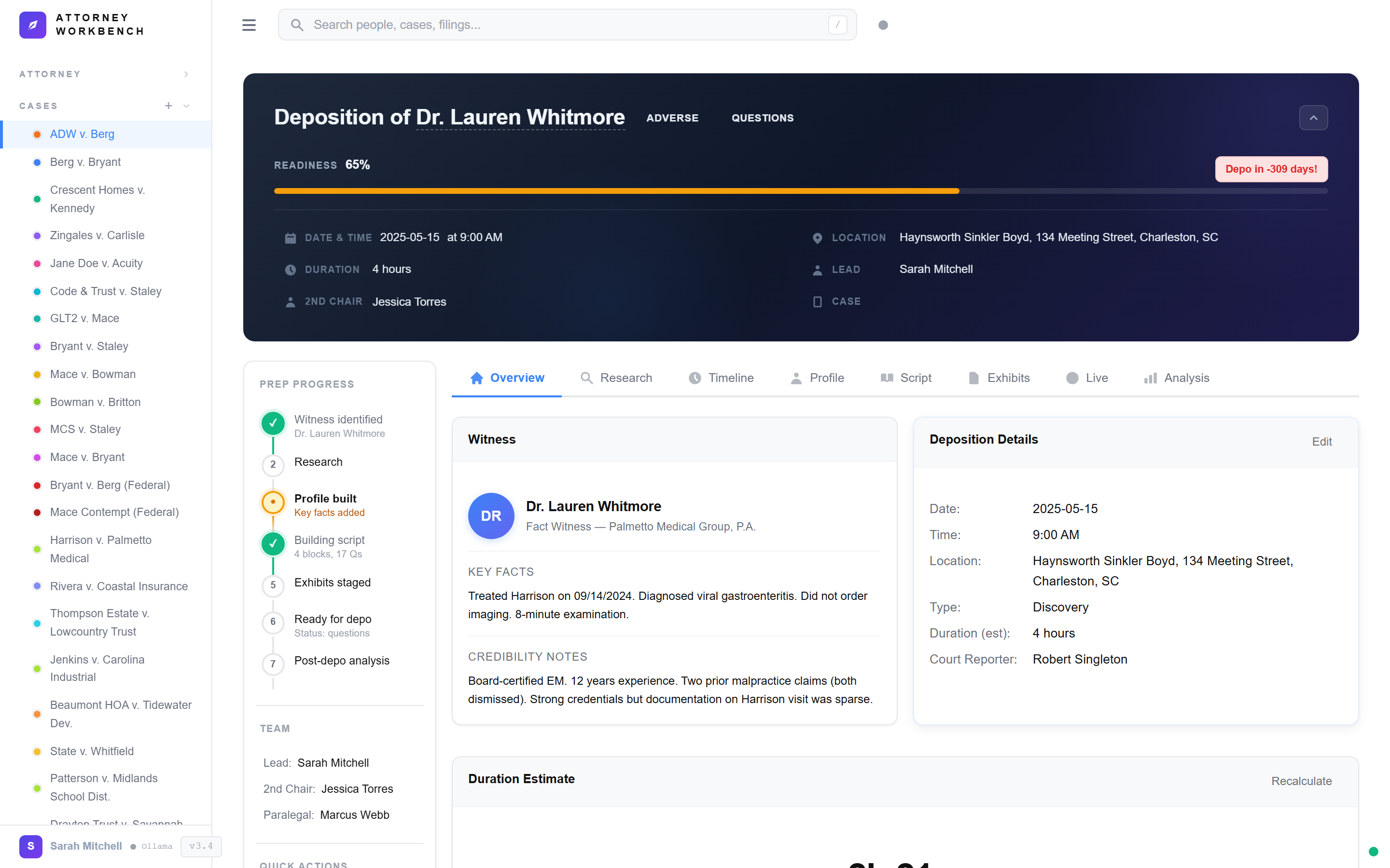 Expanded question block showing individual questions with expected answers, impeachment triggers, and exhibit references