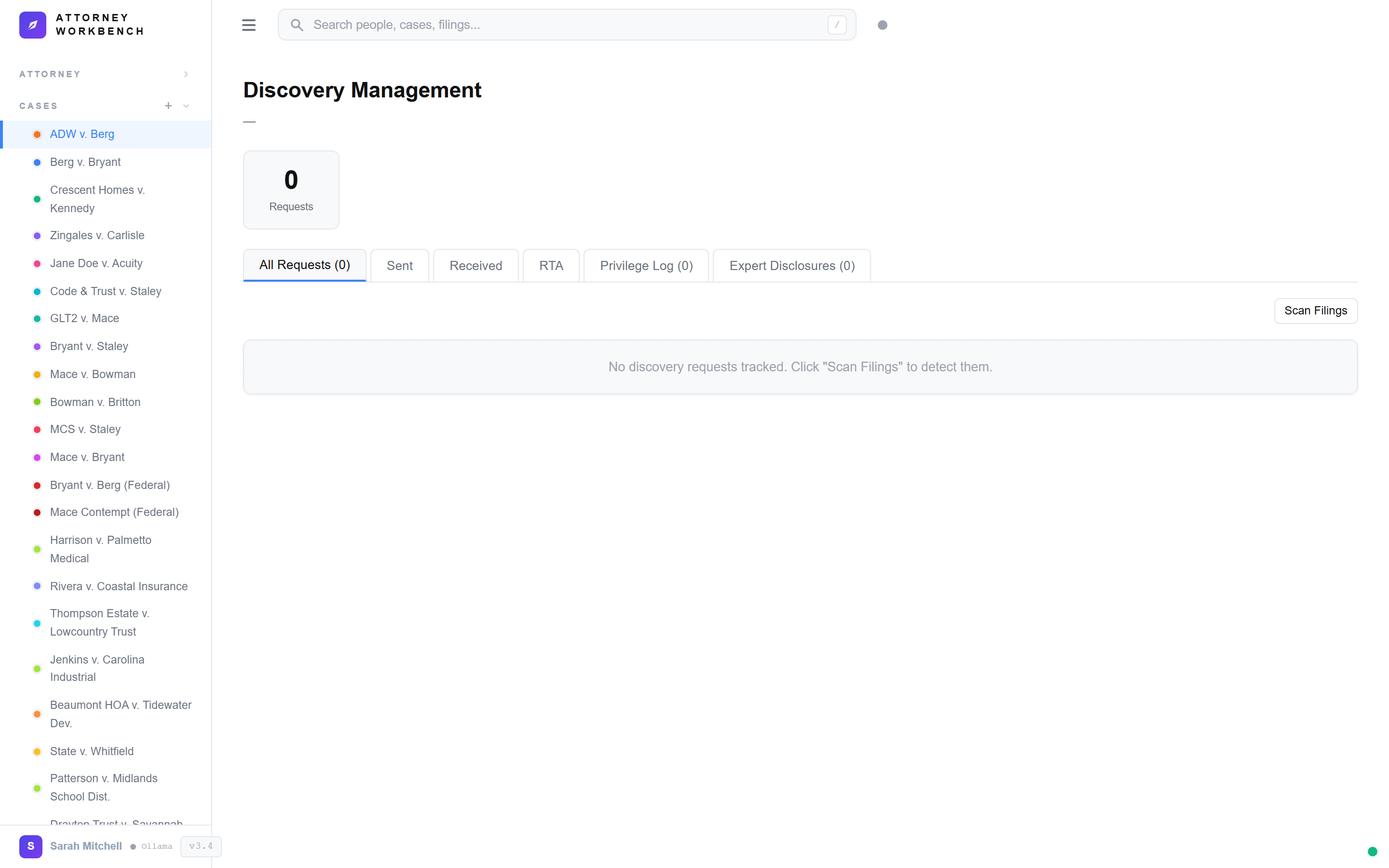 Discovery response tracker showing answered, objected, and outstanding requests with follow-up tasks