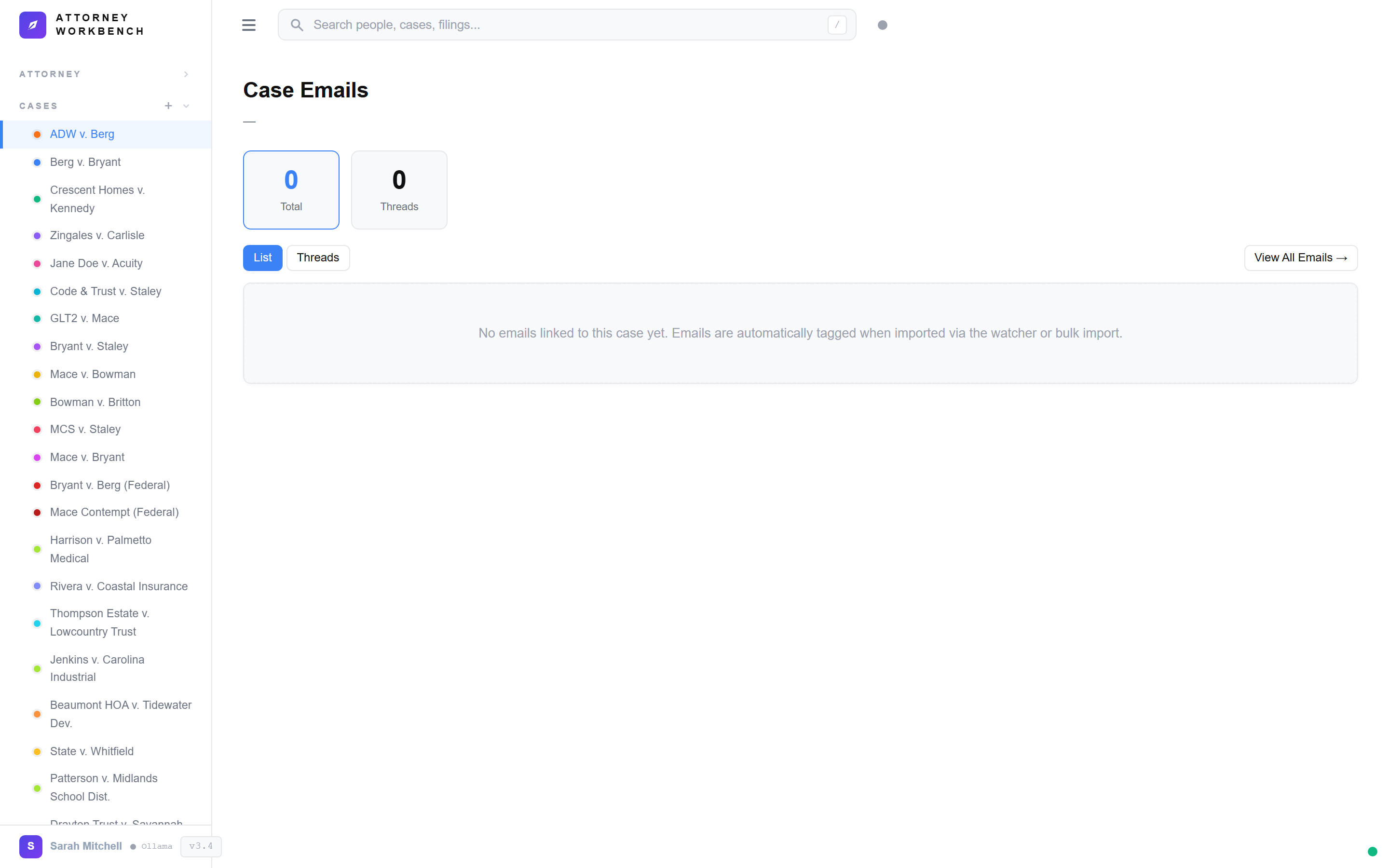Email-to-case linking interface showing automatic case detection and manual assignment options