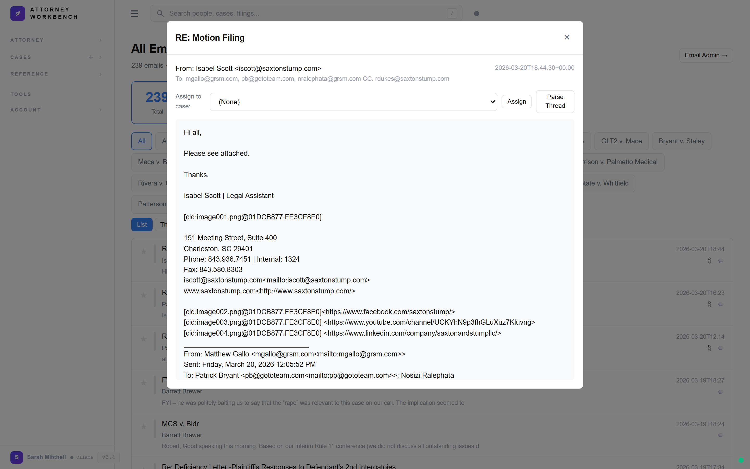 Email thread view showing conversation history linked to a specific case with participant identification