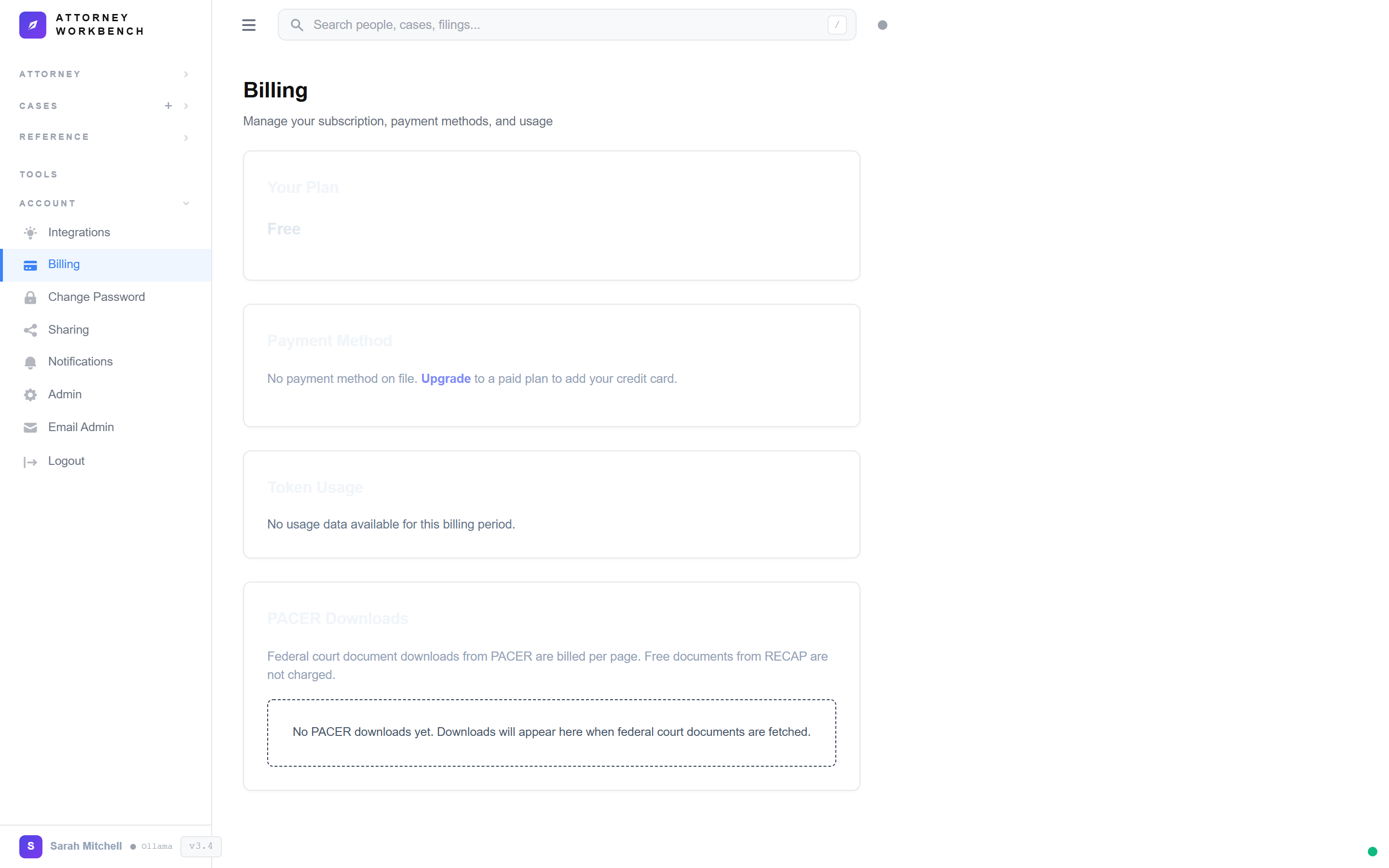 Firm billing dashboard showing revenue by attorney, outstanding invoices, and cost pass-through tracking