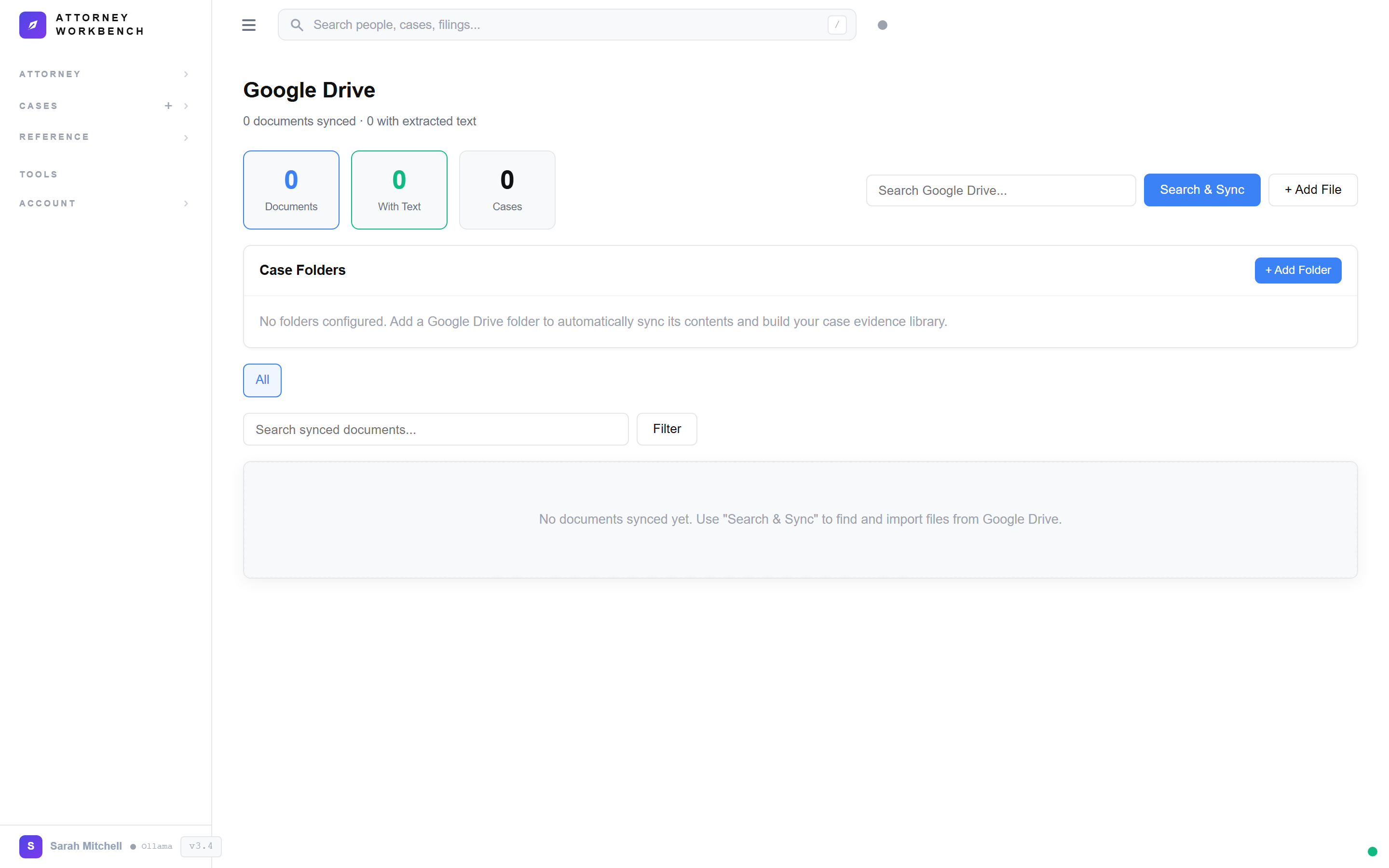 Google Drive integration showing synchronized case folders, automatic document import, and version tracking for South Carolina legal files