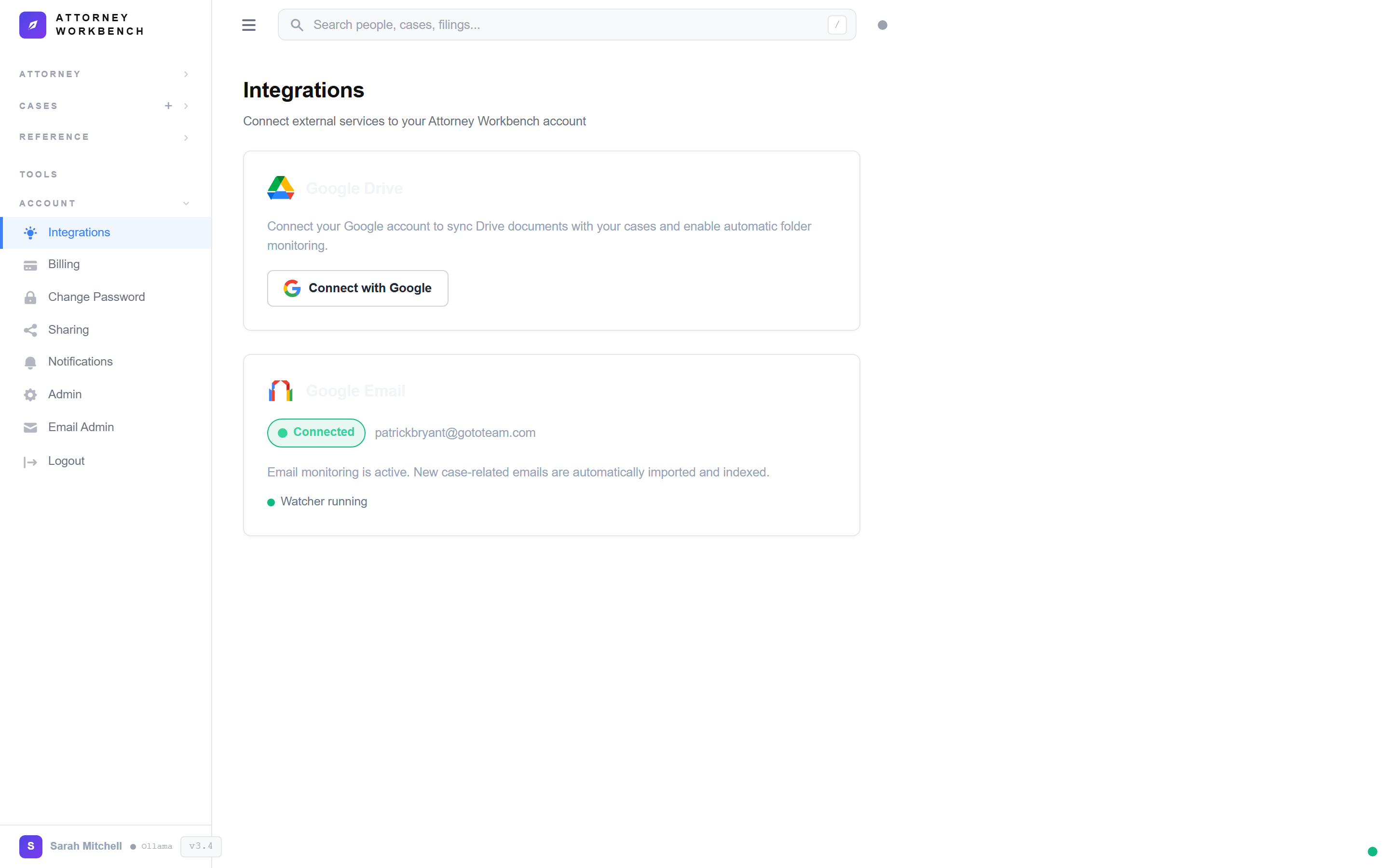 Attorney Workbench integrations hub showing connected services including Google Drive, Gmail, and PACER
