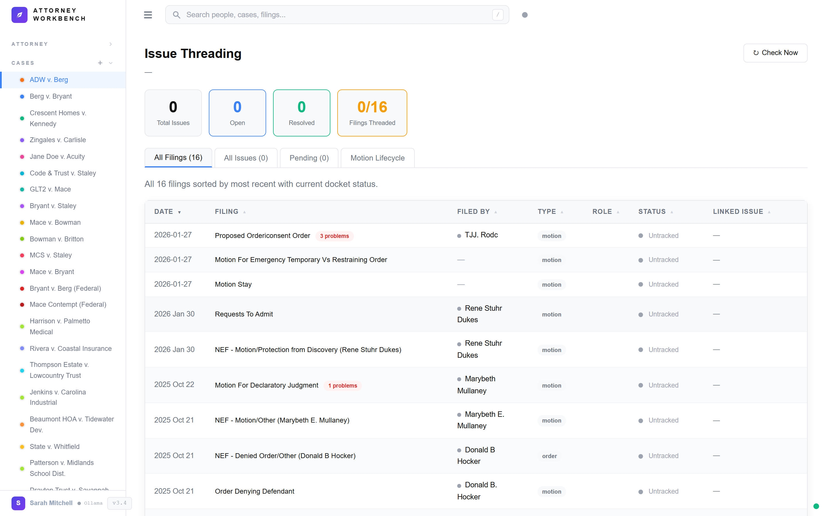 Issue status board showing motion lifecycle from filed through opposed, heard, and decided