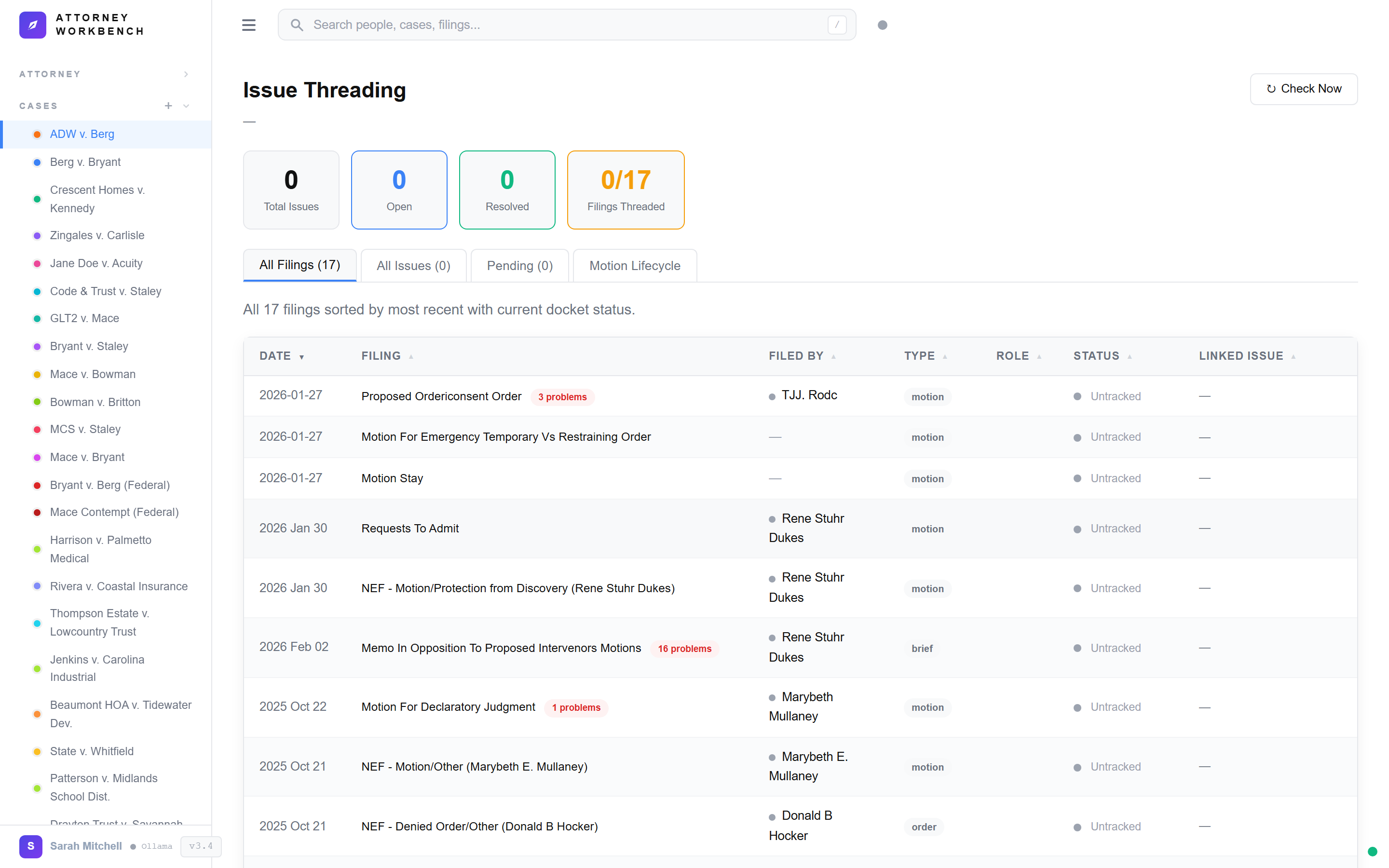Issue thread detail showing linked motion, opposition, reply, hearing, and ruling with evidence connections