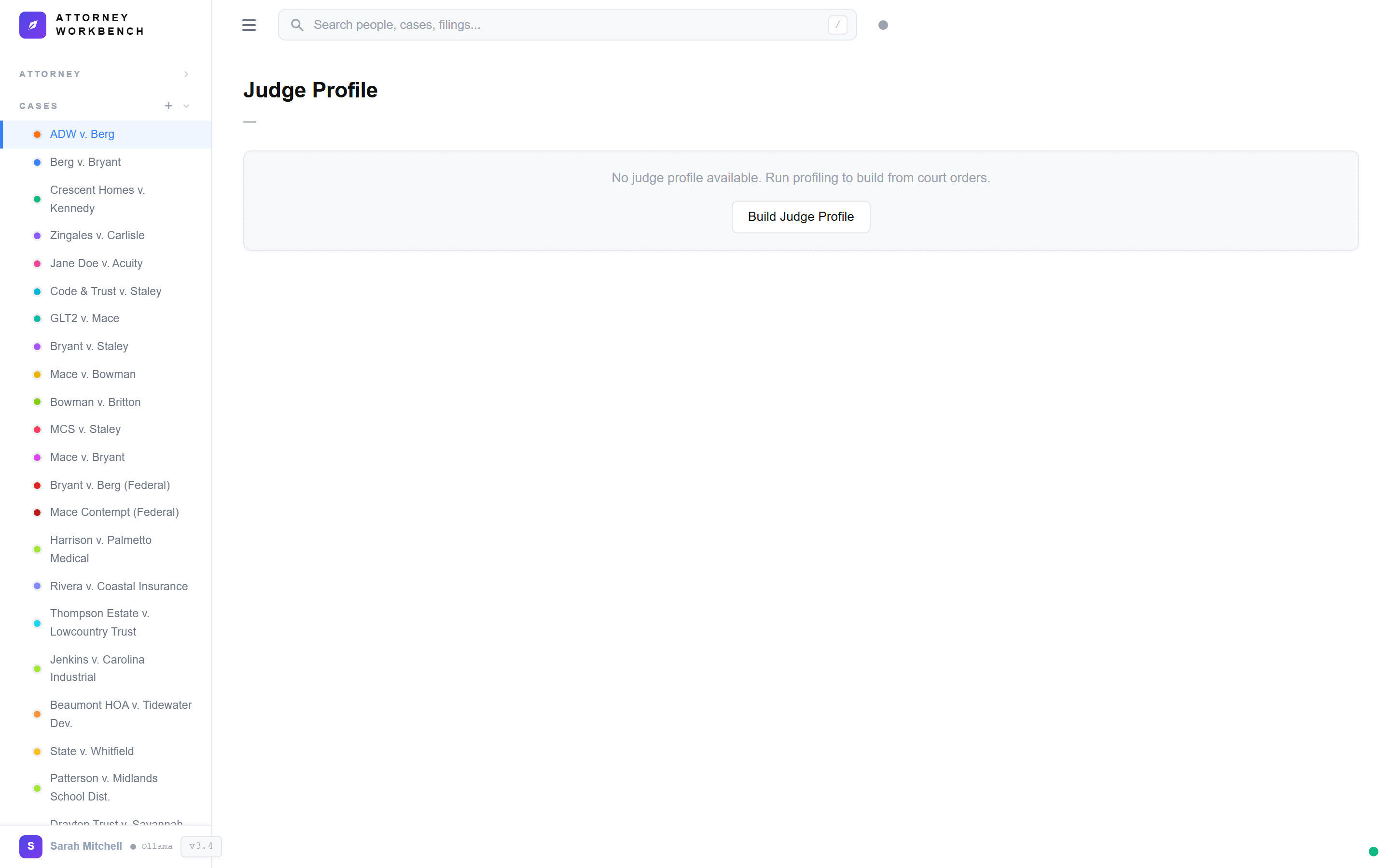 Judge ruling history showing outcomes by motion type with granted, denied, and partial grant statistics