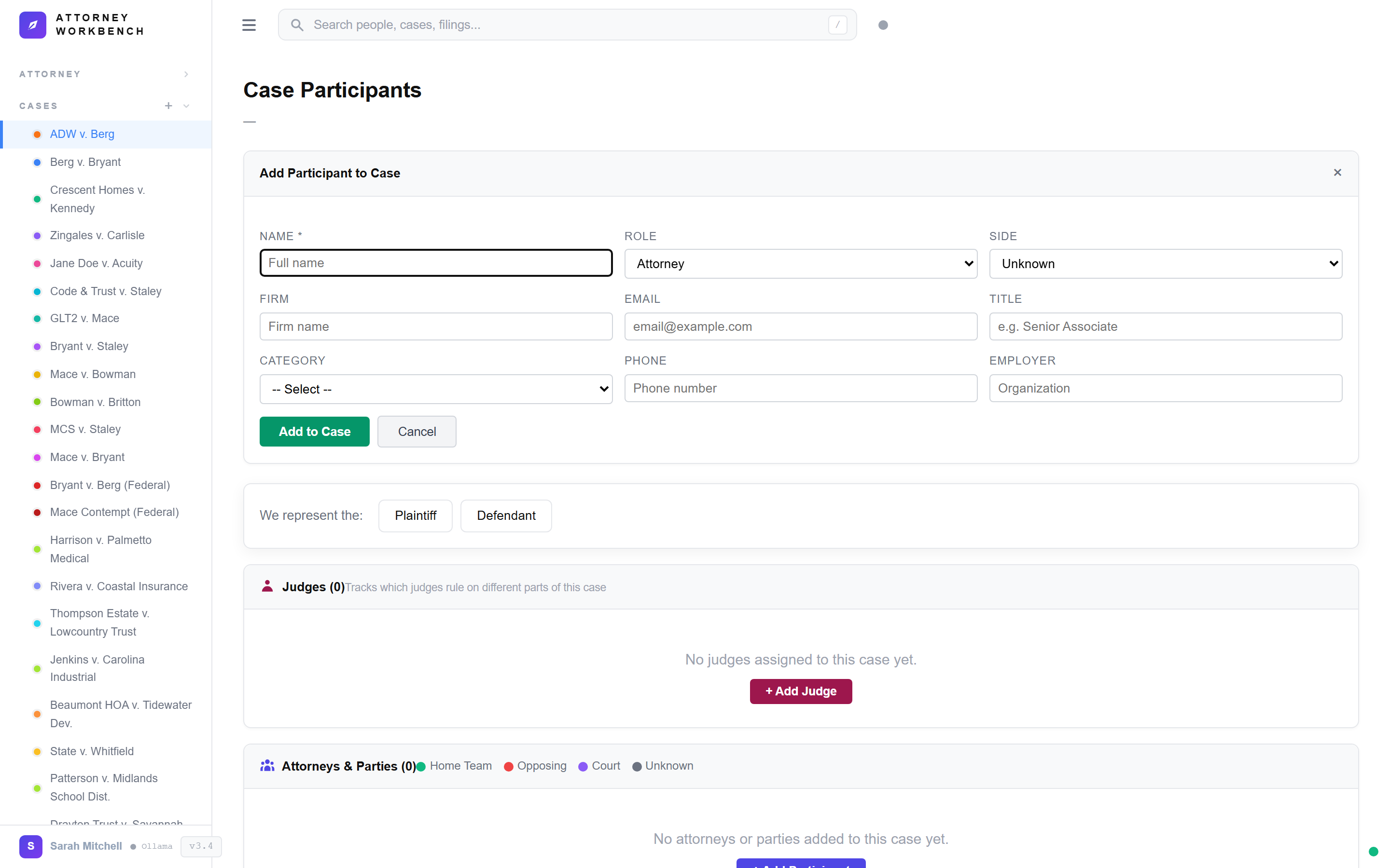 Add participant modal with role selection, side designation, and contact information fields